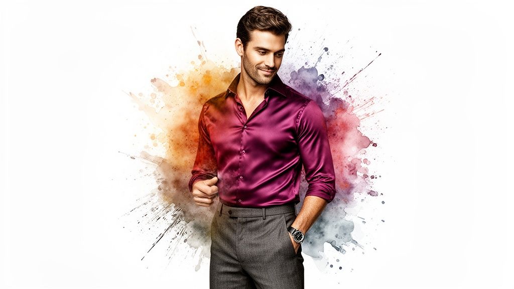 A handsome man wearing a deep purple satin shirt and grey trousers smiles against a vibrant watercolor background.