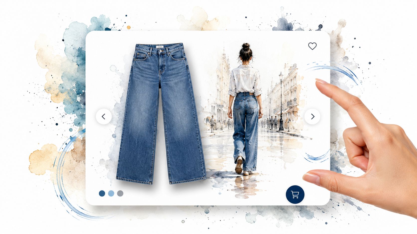 A digital interface showcasing blue wide-leg jeans with a watercolor street scene behind a hand interacting.