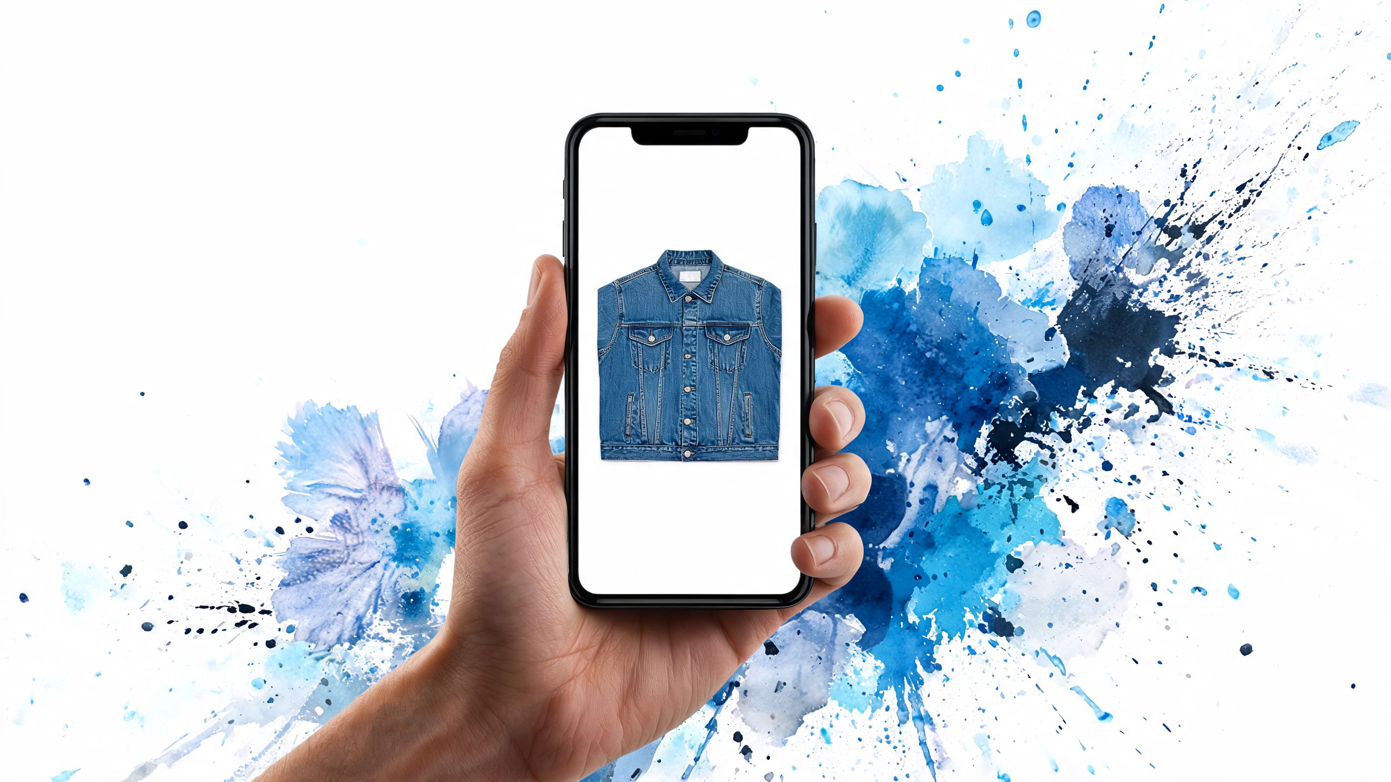 A hand holding a smartphone displaying a blue denim jacket on the screen against a watercolor background.