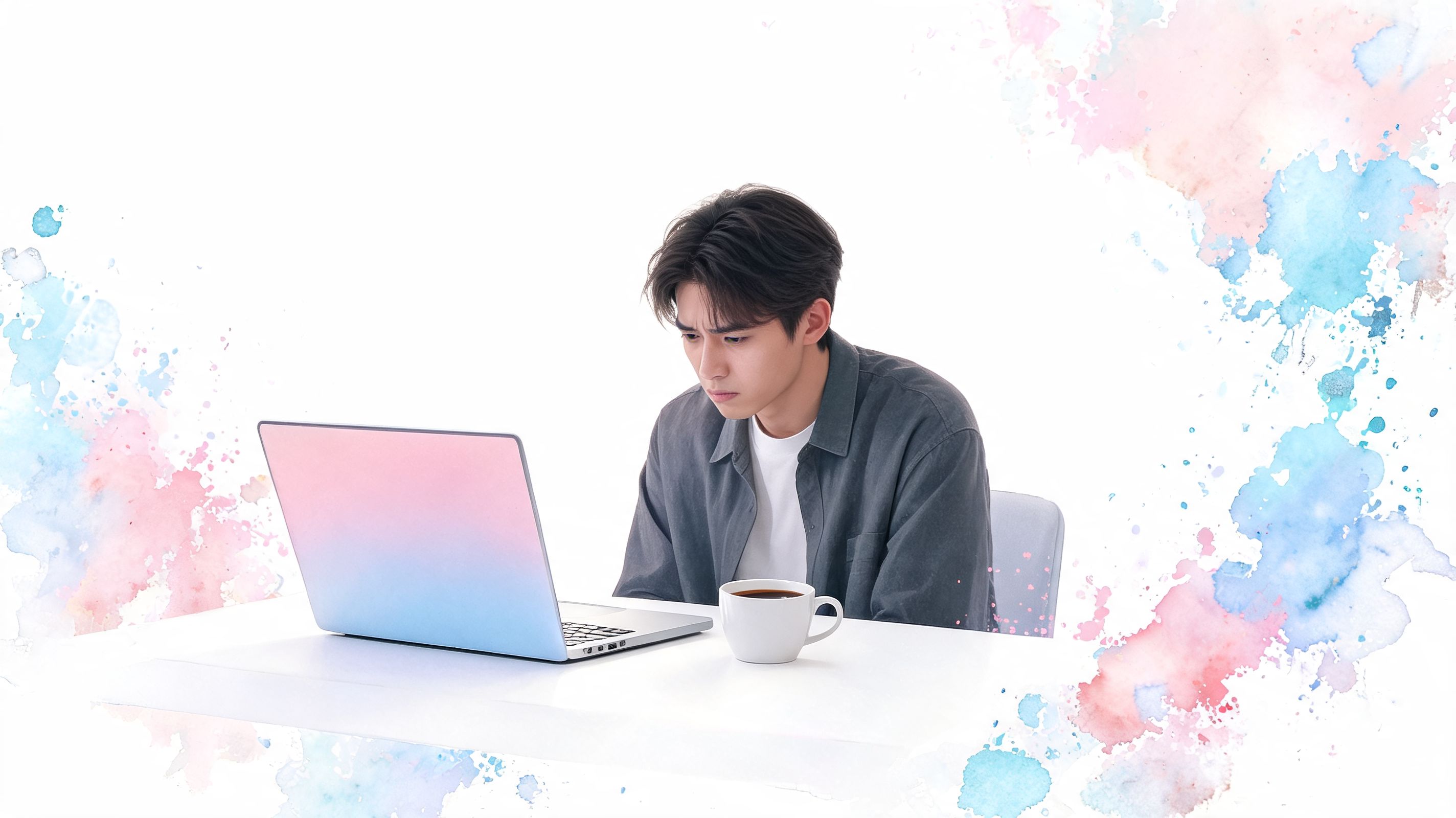A focused young man working on a laptop at a desk with a coffee mug, watercolor background.