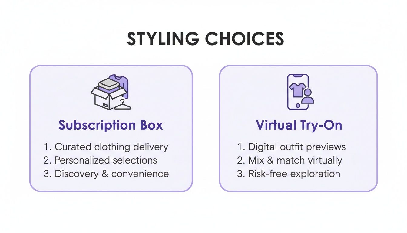 Two options for styling choices: Subscription Box for curated clothing and Virtual Try-On for digital outfit previews.