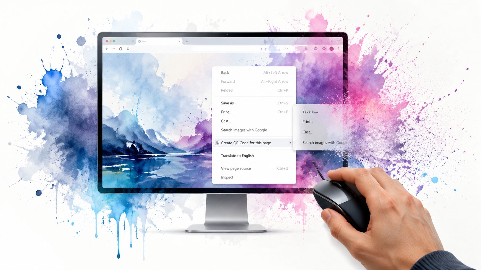 A hand using a computer mouse to open a browser right-click context menu on a screen.