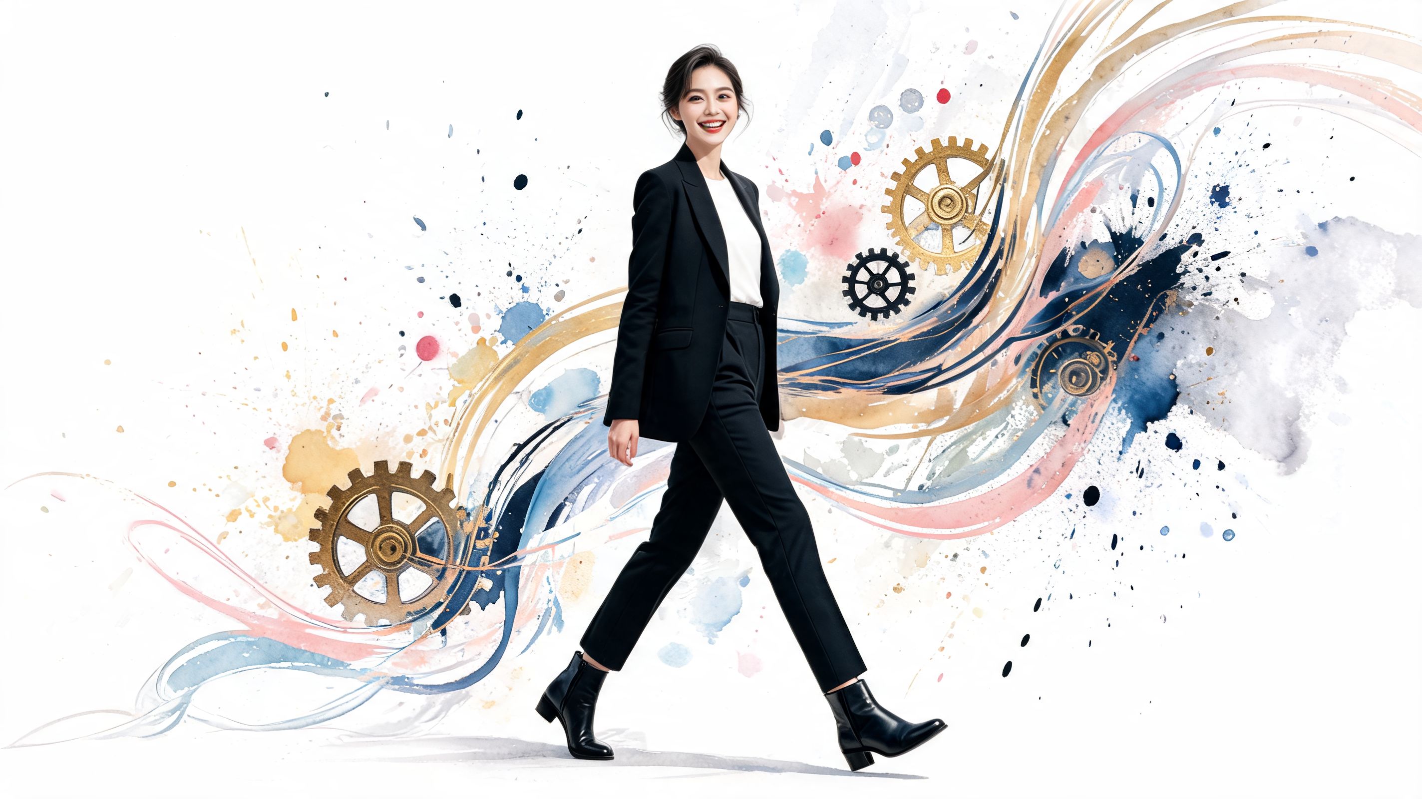 A professional Asian businesswoman in a black suit walking confidently against an artistic, abstract watercolor background.