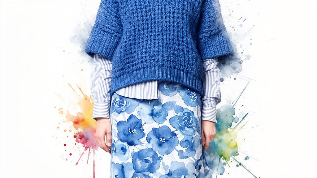 A person wears a blue knitted sweater over a striped shirt and a blue floral skirt, with watercolor splashes.