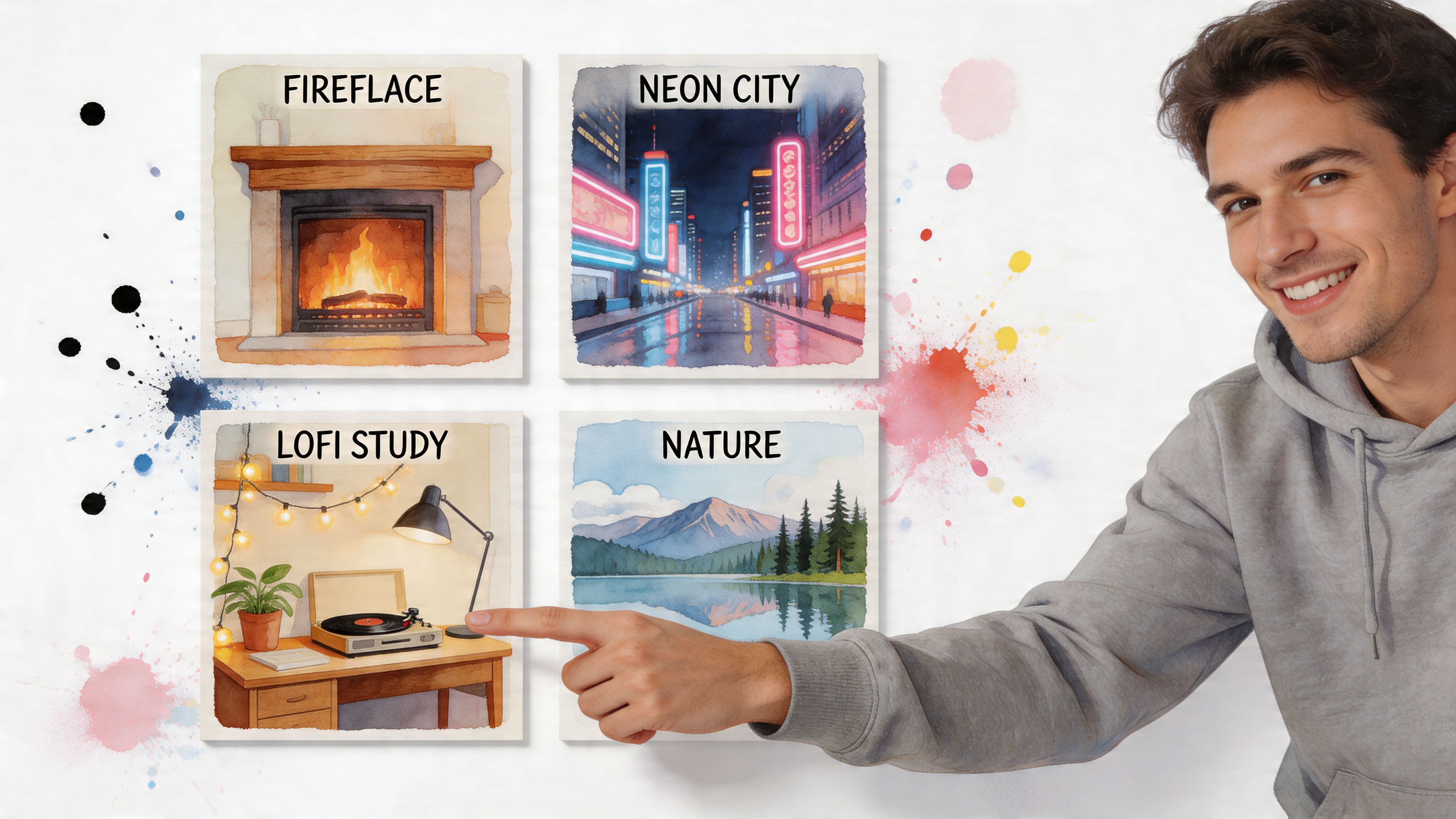 A smiling young man pointing at a selection of four beautiful watercolor aesthetic background images.