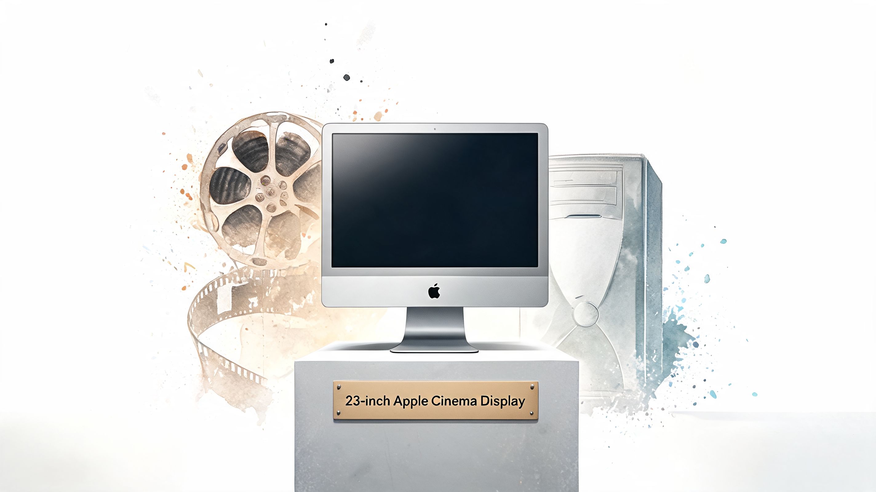 A 23-inch Apple Cinema Display monitor showcased on a pedestal with cinematic film reel and computer tower graphics.