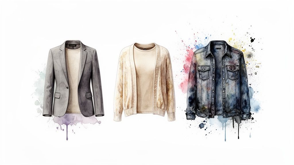 Three distinct watercolor illustrations showcase various casual outerwear, including a blazer, cardigan, and denim jacket.