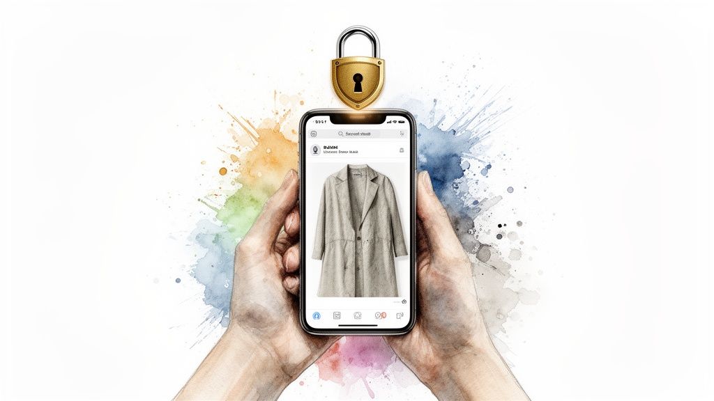 Hands hold a smartphone displaying a coat with a golden padlock above, symbolizing secure online shopping.
