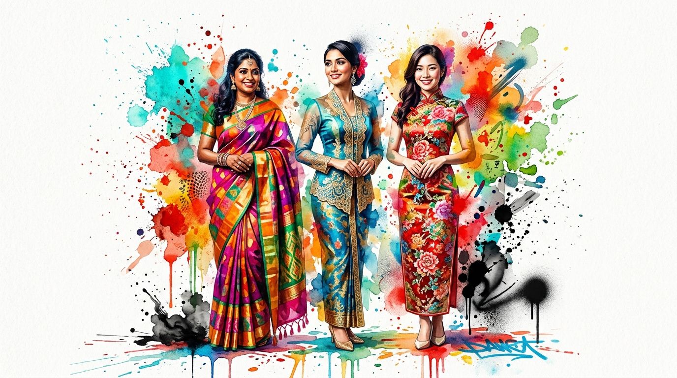 Three women standing together wearing traditional Indian, Malay, and Chinese Malaysian cultural clothing with watercolor background.