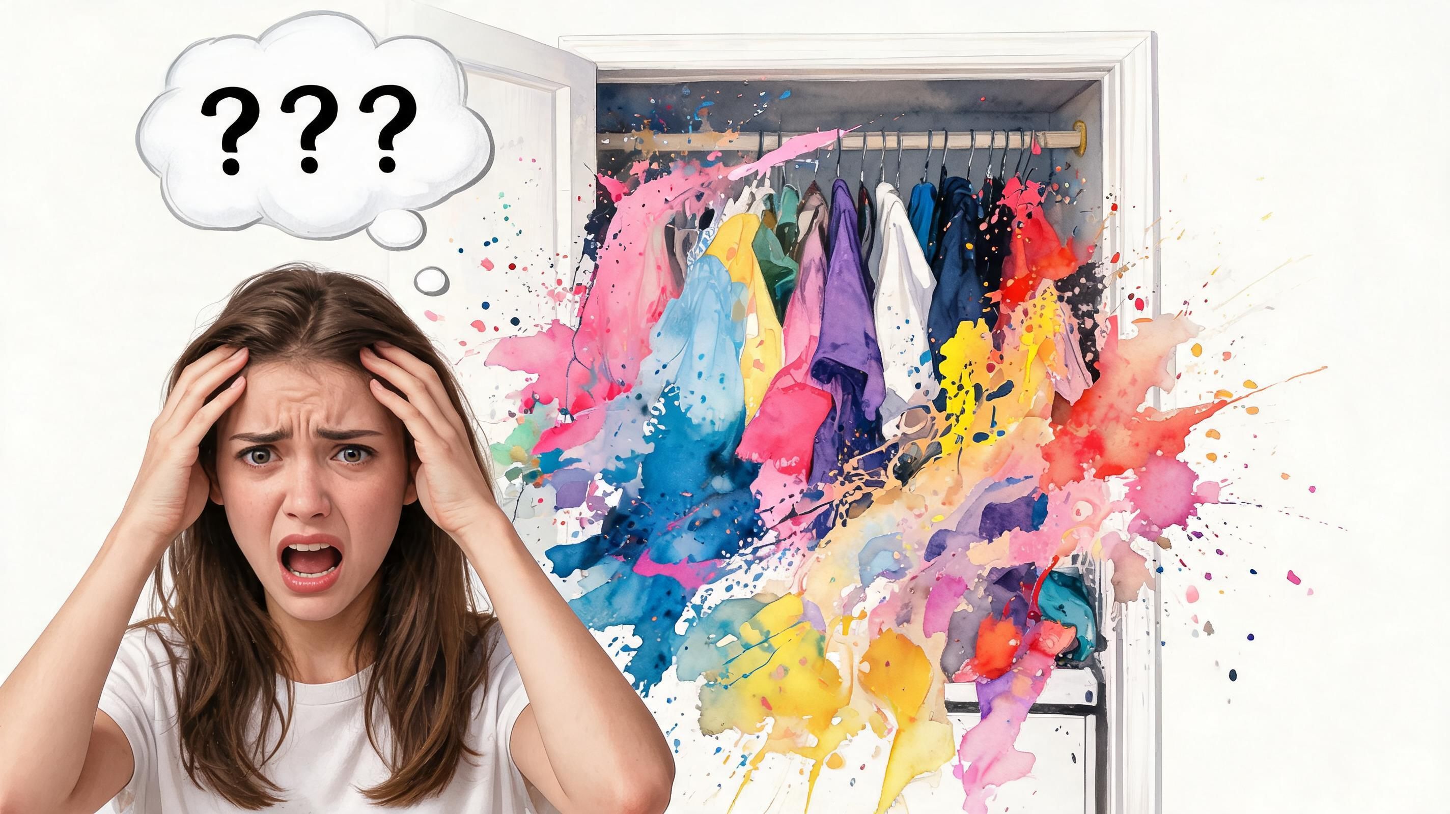 A distressed woman looking at her disorganized closet filled with colorful, chaotic, watercolor-style splashing clothes.
