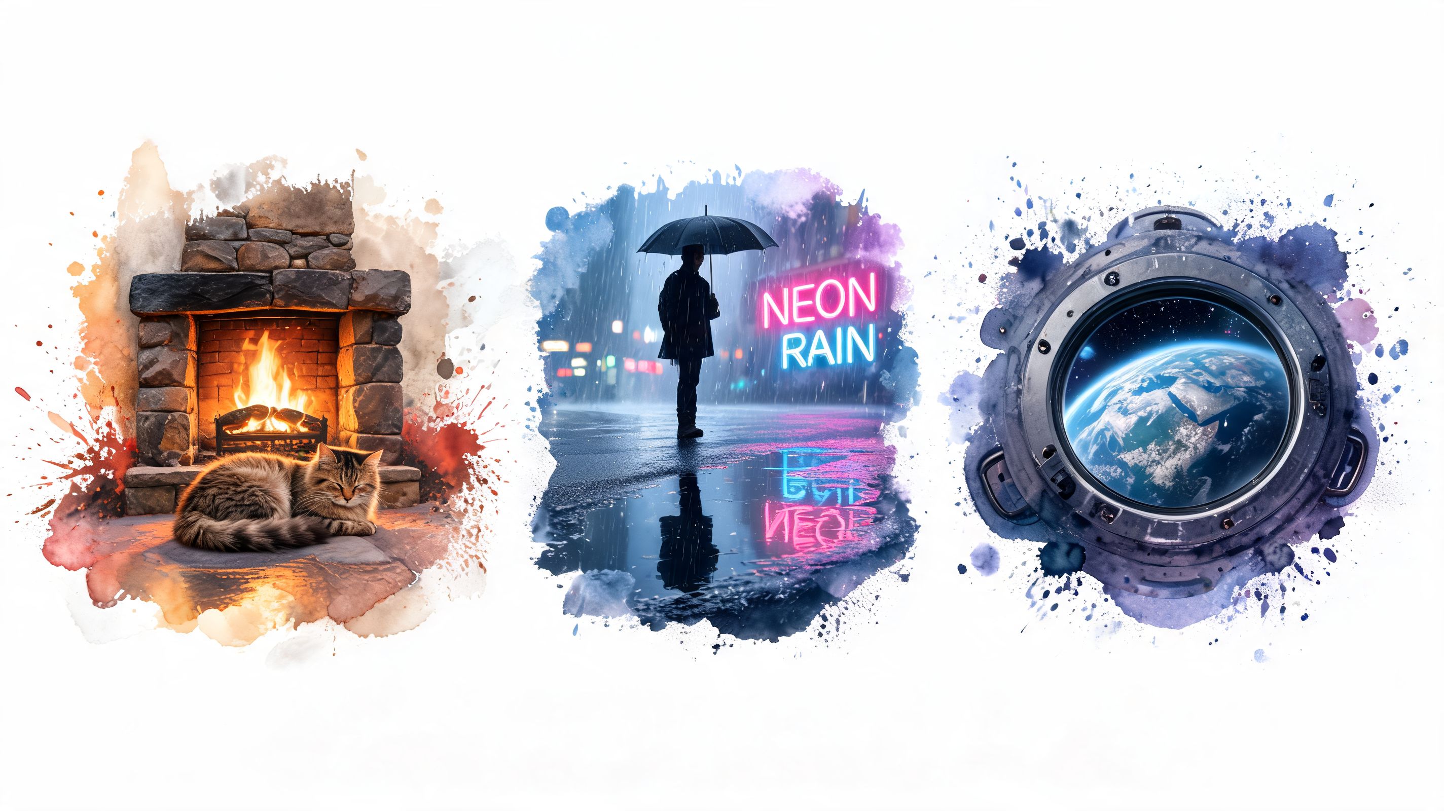 Three artistic watercolor illustrations showing a cozy cat by a fireplace, a person in rain, and space.