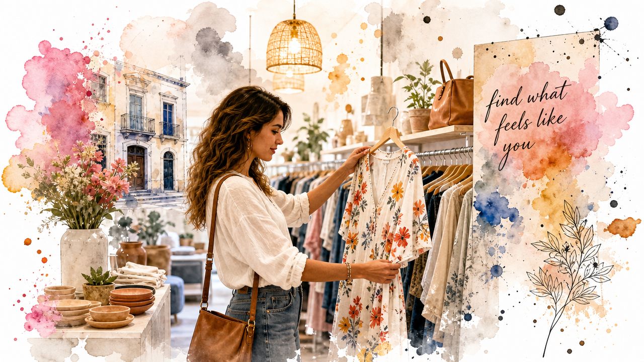A young woman browsing a floral dress in a boutique store with watercolor graphic elements.