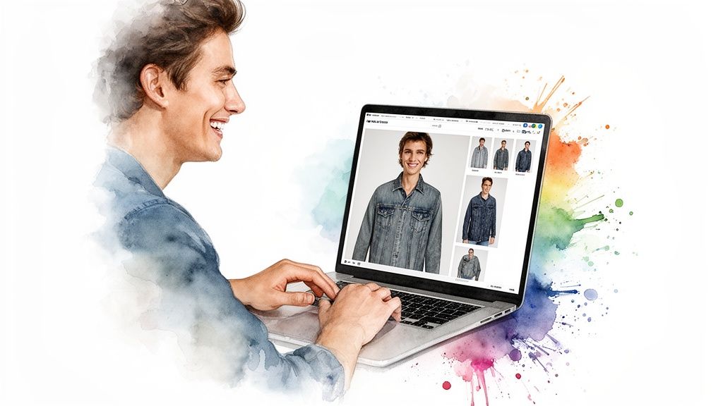 A smiling man happily browsing and shopping for denim jackets on an e-commerce website using a laptop.
