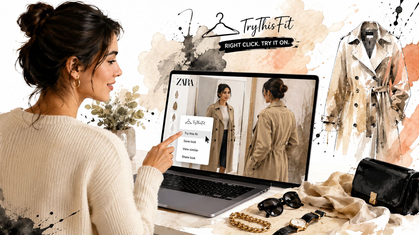 A woman using a laptop to virtually try on a trench coat through an online shopping interface.