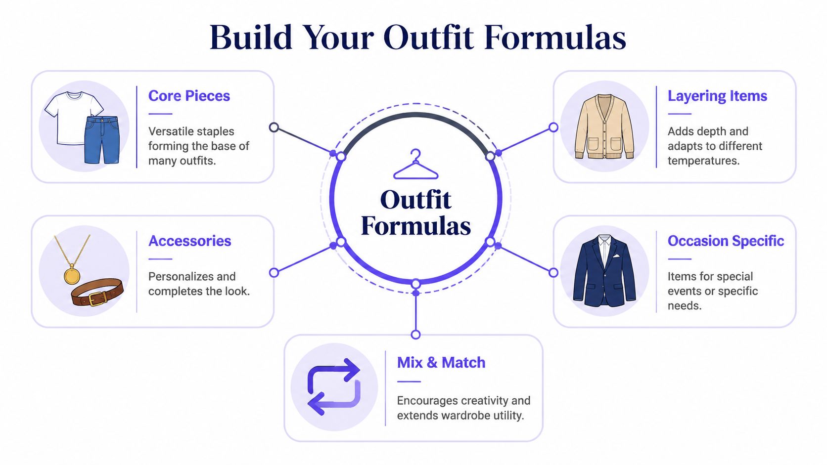 A diagram illustrating five essential categories for building outfit formulas including core pieces, accessories, layering, and mix-and-match.