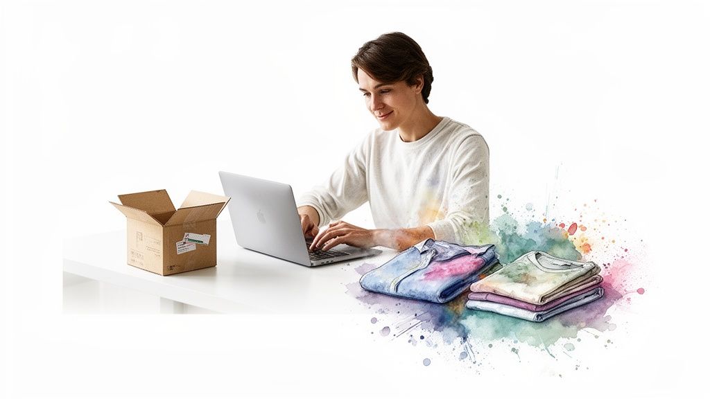 Smiling person uses laptop for online shopping, with an open box and artistic folded clothes.