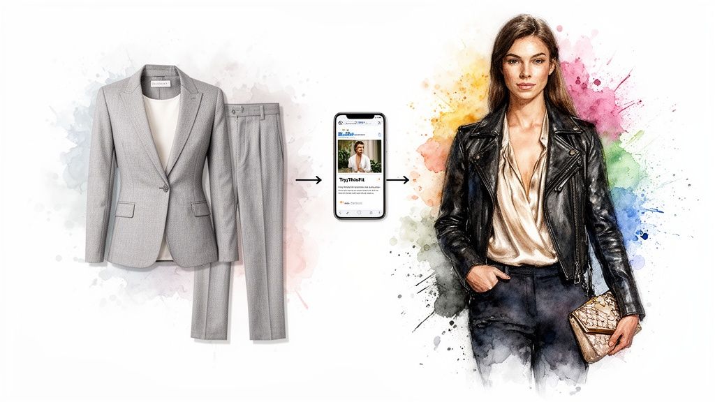 A gray suit transforms into a stylish black leather jacket outfit via a virtual try-on app.