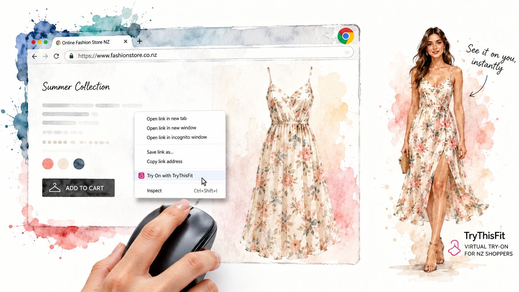 A digital interface demonstrating virtual clothing try-on technology for an online fashion store in New Zealand.