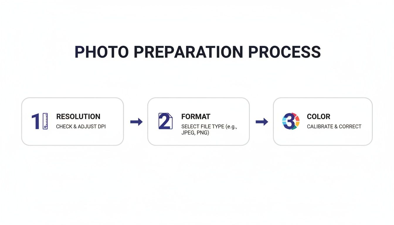 Infographic showing the three-step photo preparation process: resolution, format selection, and color correction.