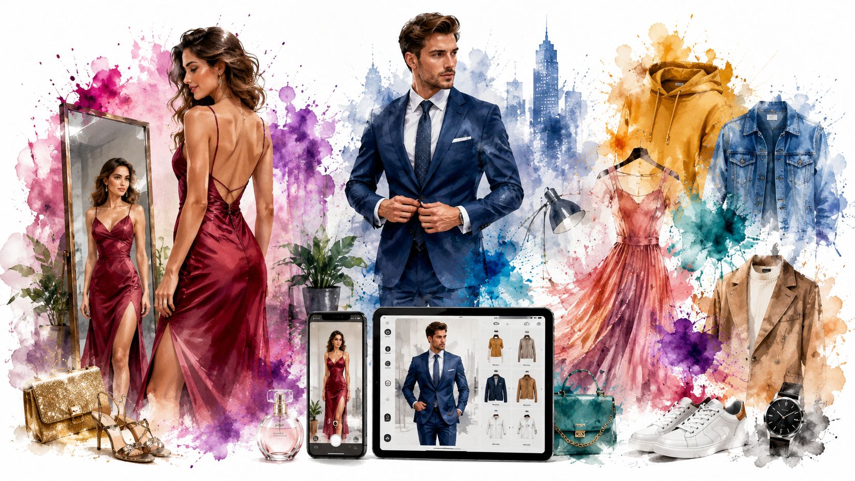 A digital display showcasing a virtual try-on fashion experience with clothing, accessories, and stylized models.