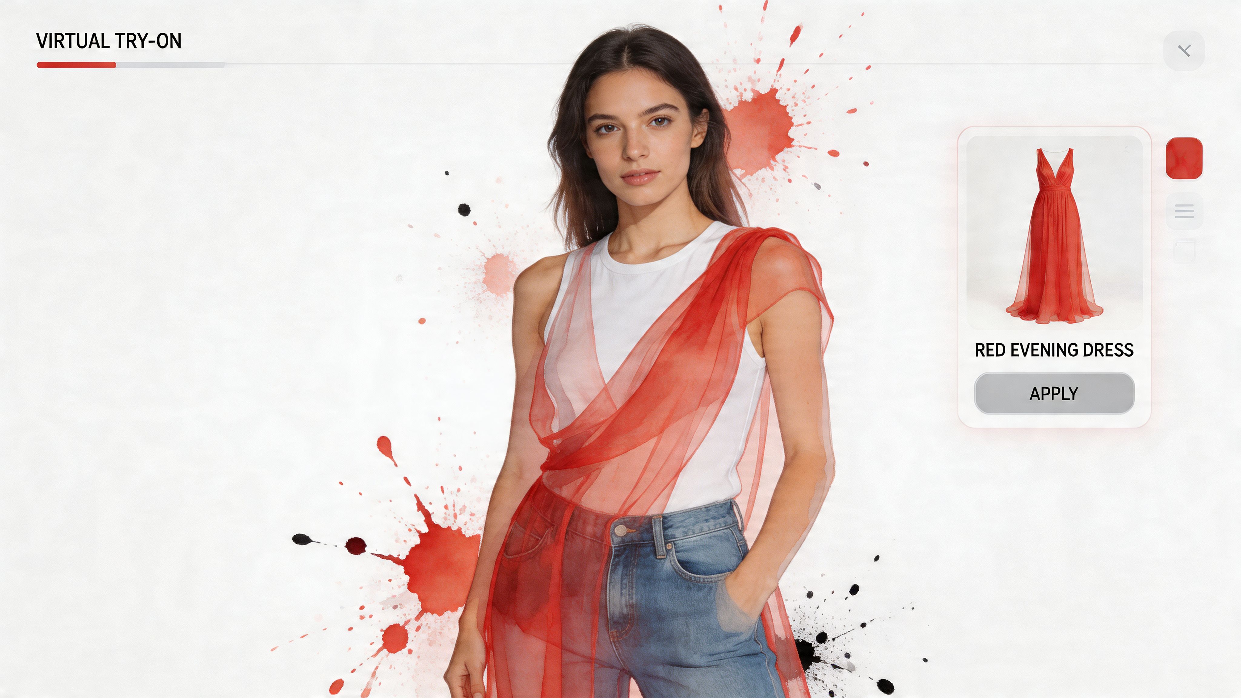 A young woman wearing a white tank top and blue jeans, digitally draped with a sheer red fabric, in a virtual try-on application.