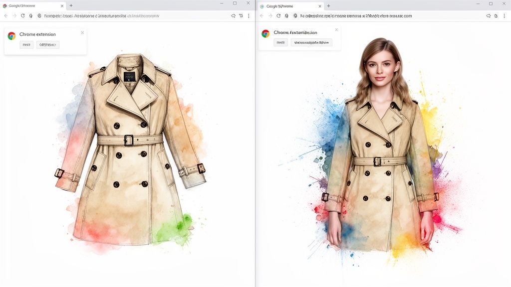 A beige trench coat illustration with colorful watercolor splashes, shown worn by a woman.