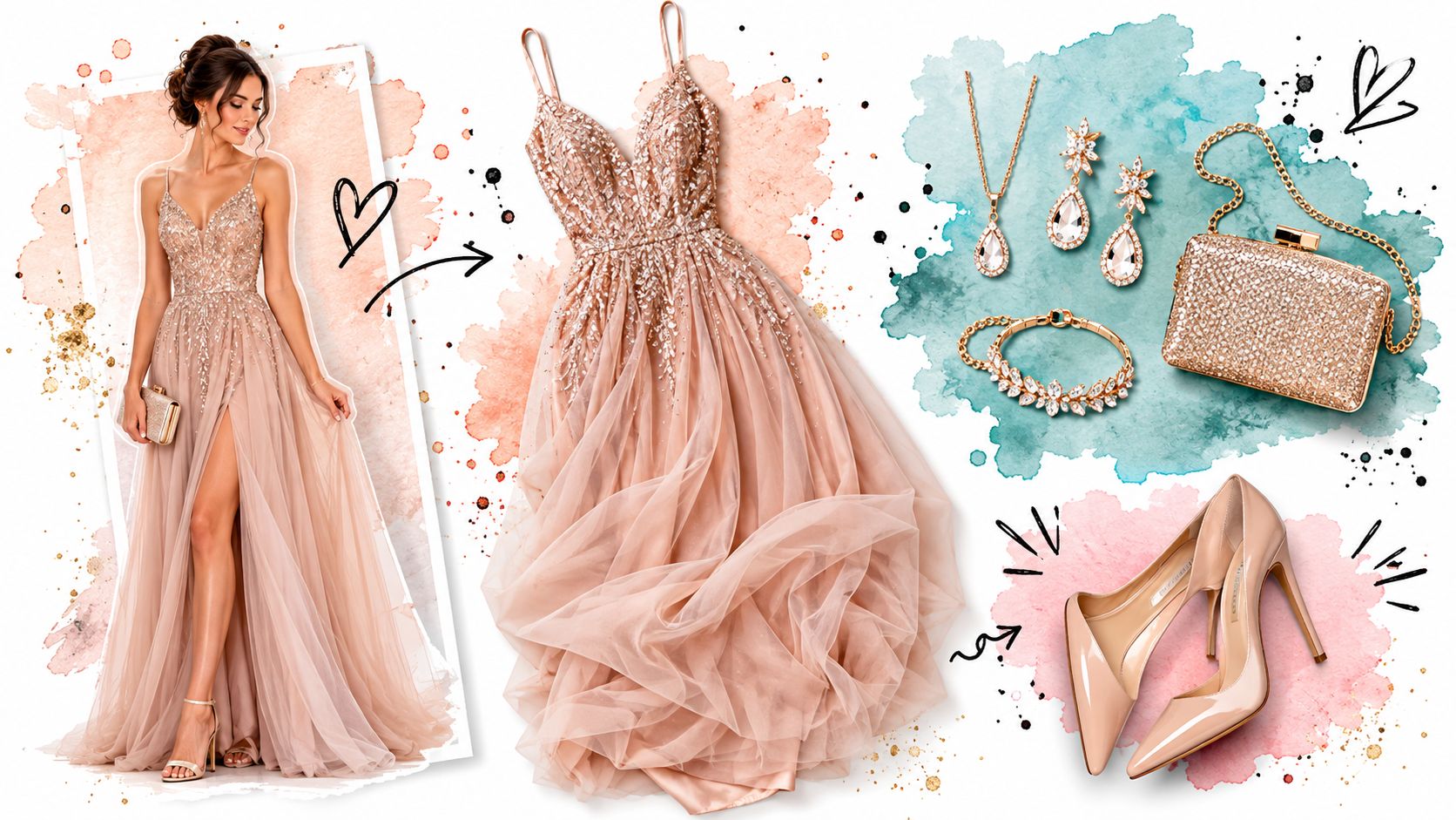 A glamorous evening outfit display featuring a sparkling champagne gown, matching heels, jewelry, and a sequined clutch.