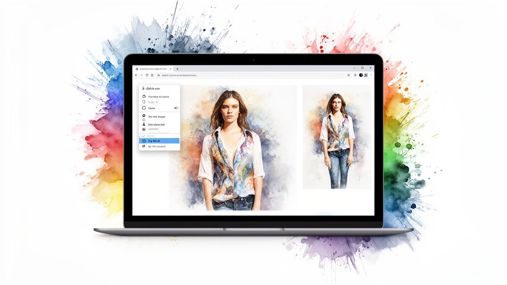 Laptop displays a virtual try-on app with a woman in a colorful outfit, surrounded by vibrant paint splashes.