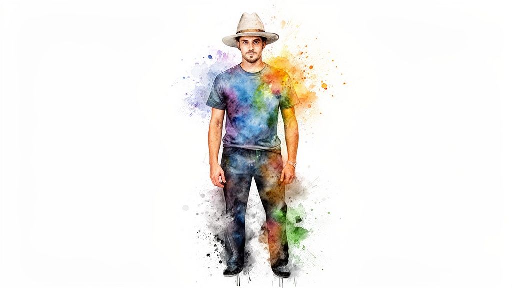 A man in a hat and colorful tie-dye clothes, depicted in a vibrant watercolor splash style.