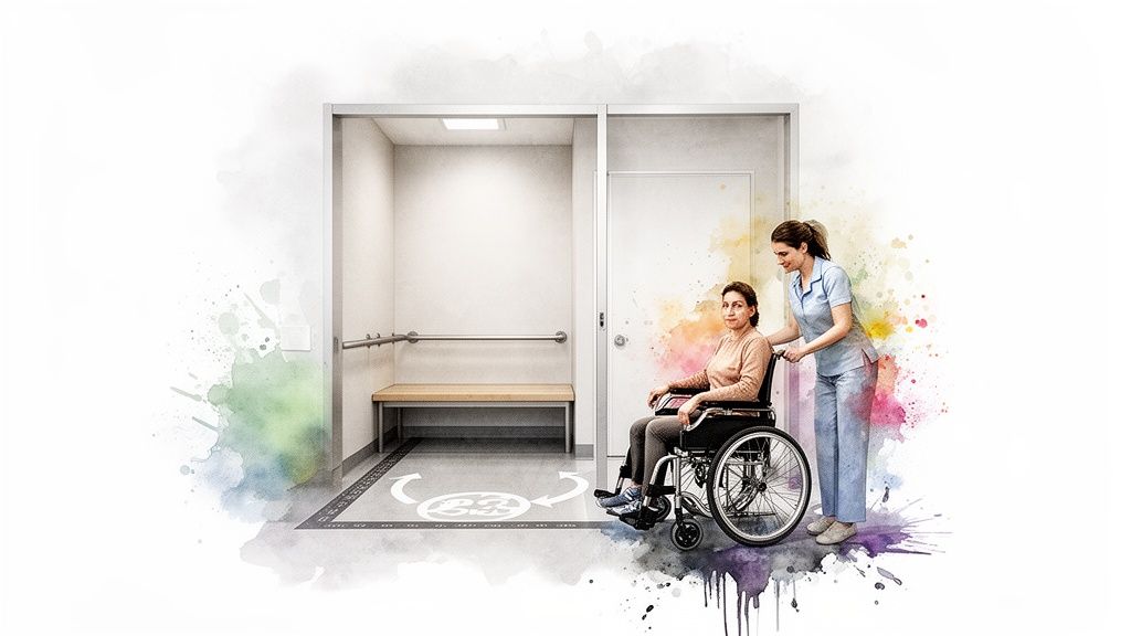 A caregiver assists a woman in a wheelchair into an accessible fitting room with grab bars and turning space.
