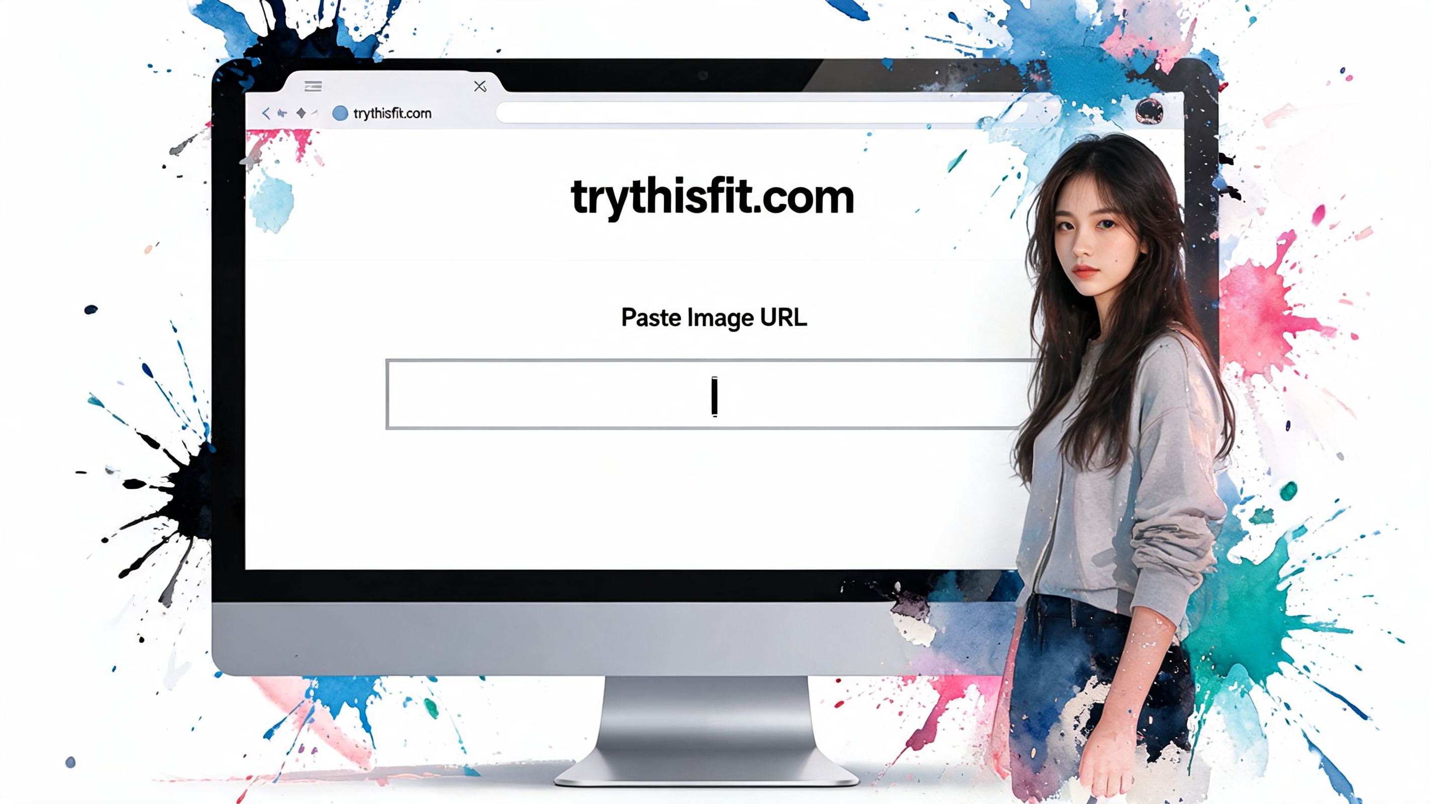 A digital screen display showing the website trythisfit.com with a text field for pasting an image URL.