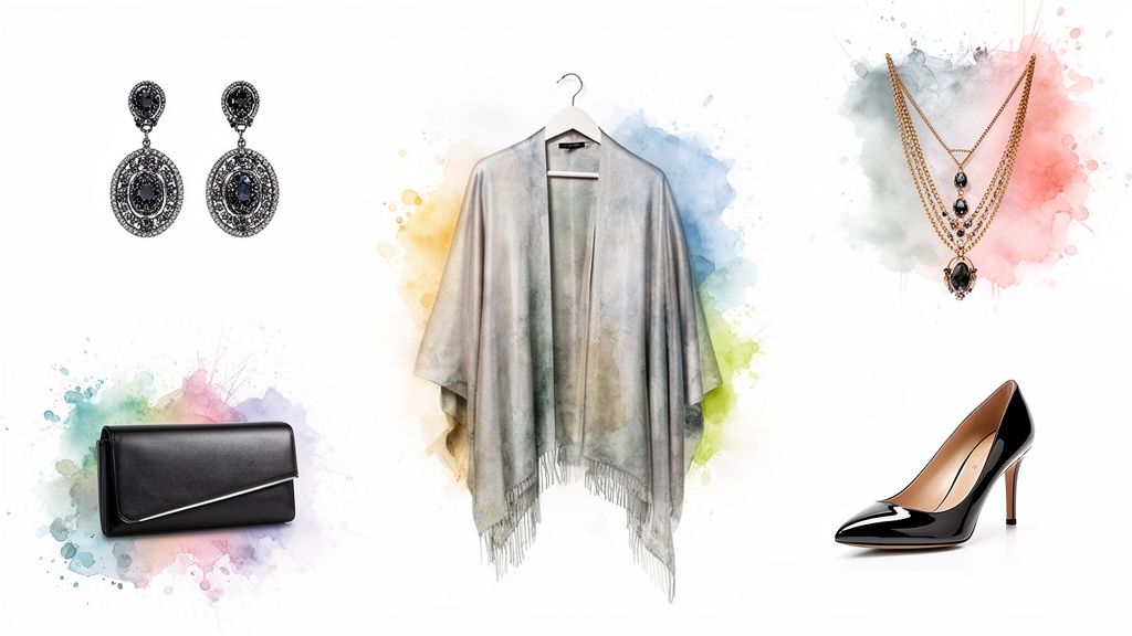 A curated collection of women's dinner accessories: earrings, a necklace, a clutch, and high heels.
