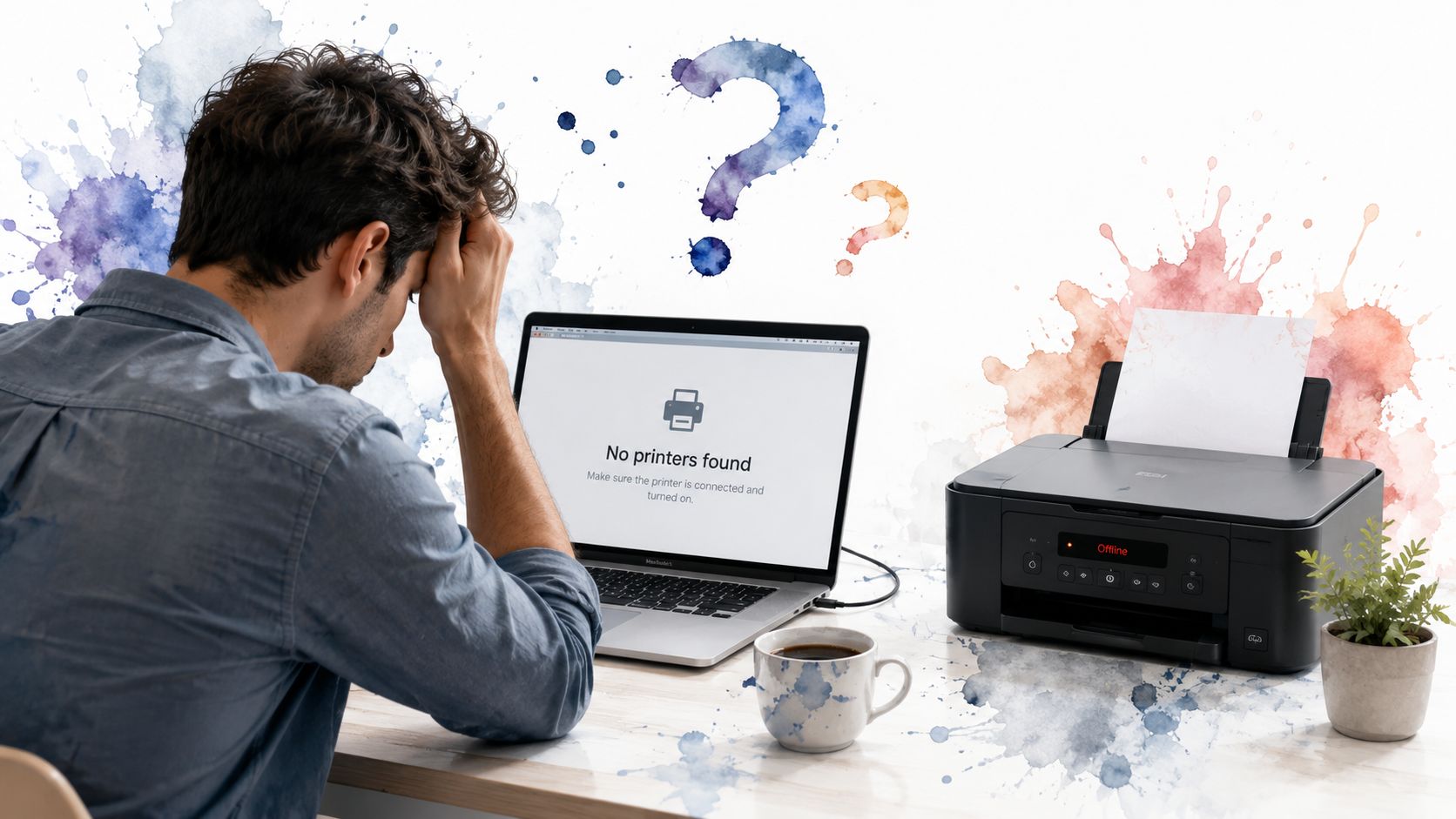 A frustrated man sits at a desk with his laptop displaying a no printers found error message.