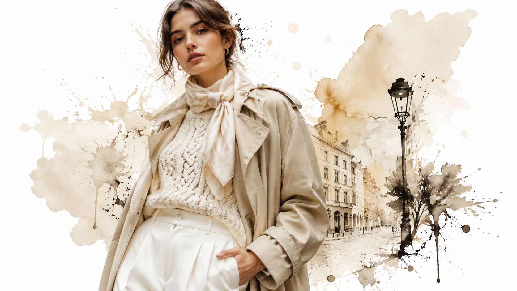 A stylish woman in a beige trench coat and cream sweater posing against a watercolor city background.