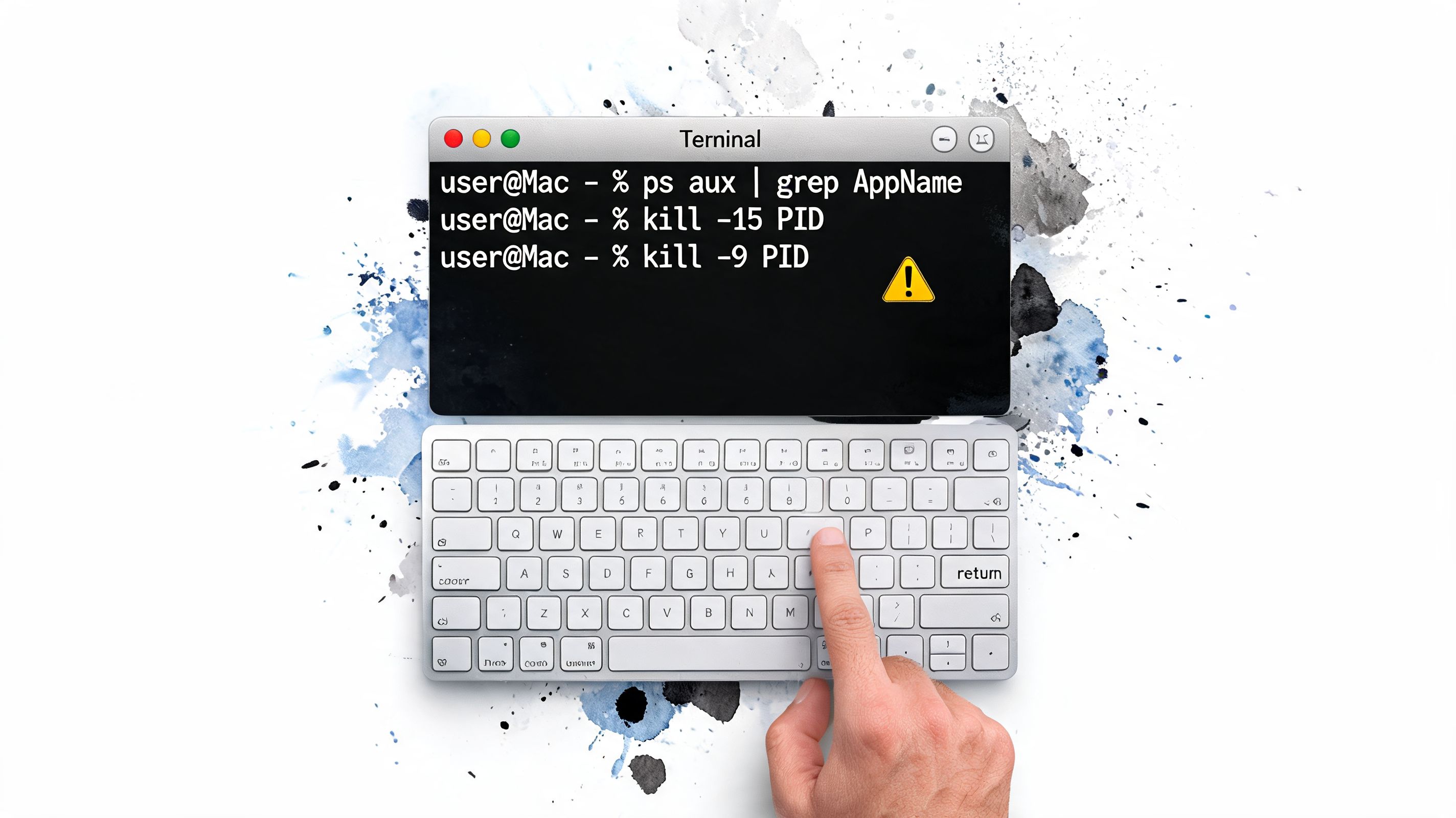 A hand typing command line instructions to force quit a Mac application on a digital keyboard.