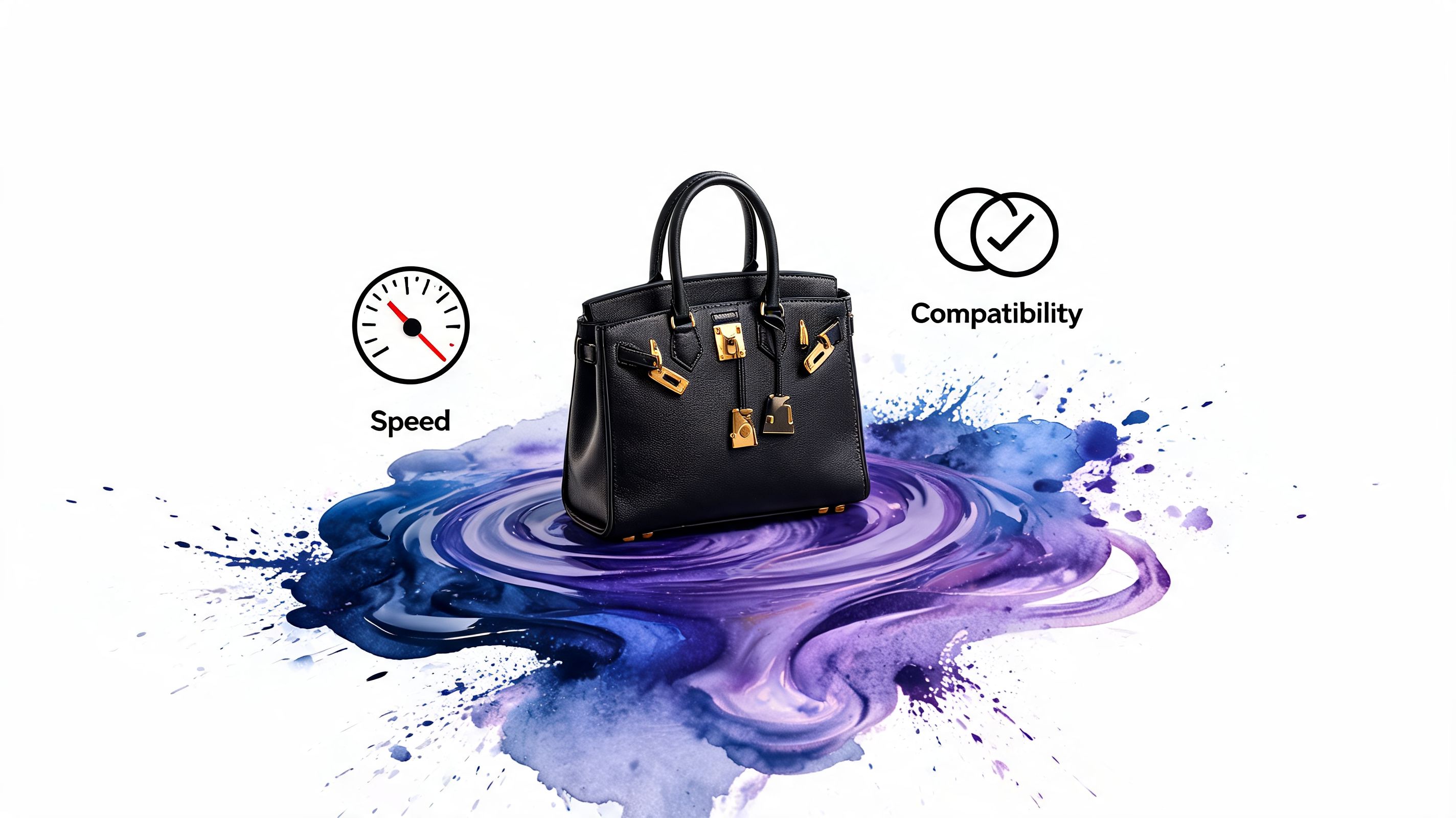 A black handbag placed on a purple and blue watercolor splash with icons representing speed and compatibility.