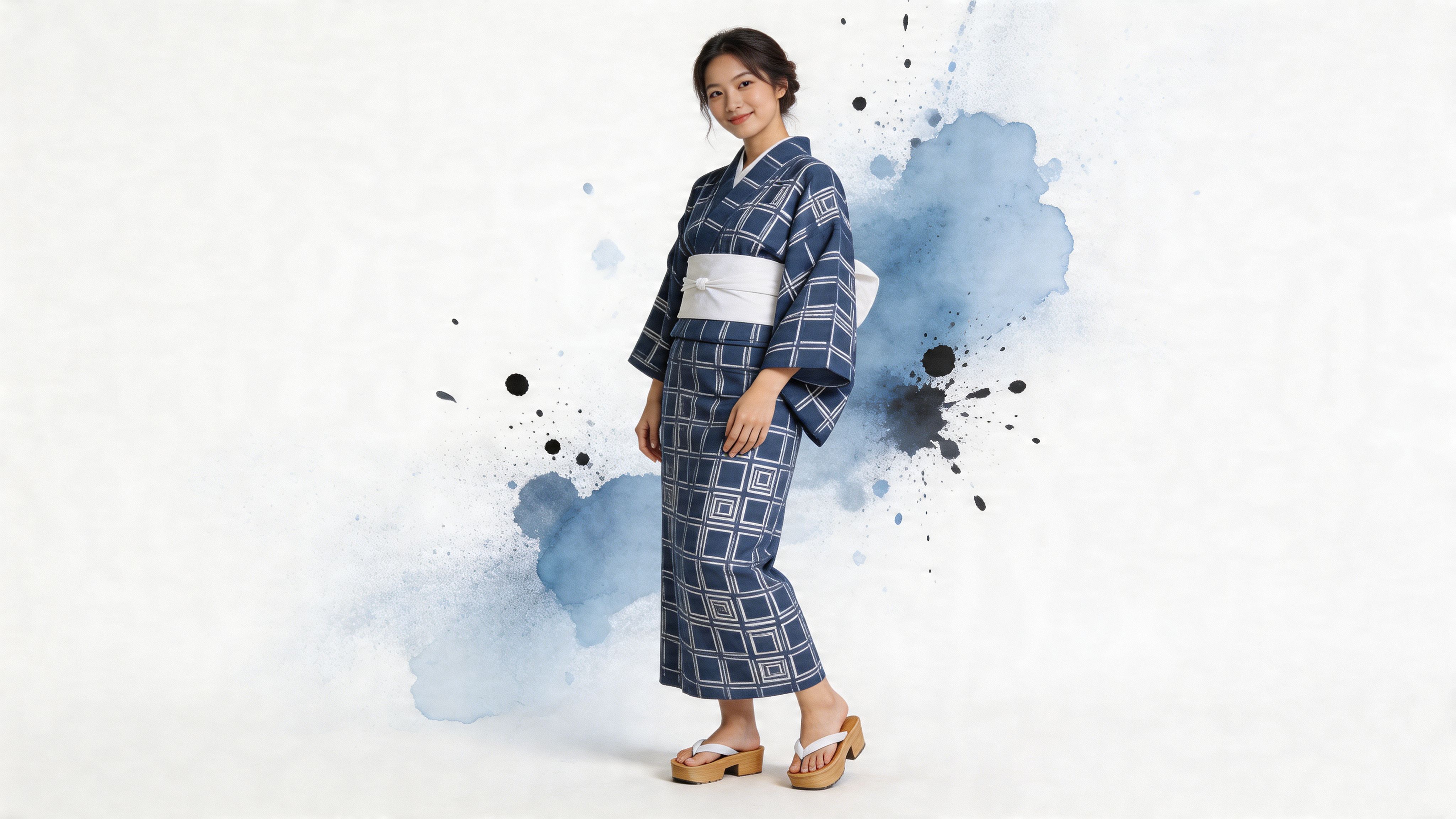 A woman wearing a blue and white patterned traditional Japanese yukata with sandals, standing against watercolor backdrop.