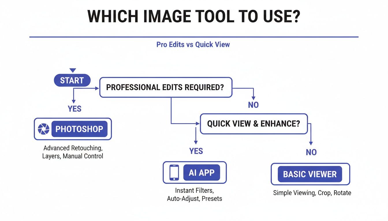 Flowchart guiding users on which image editing tool to use based on editing needs.