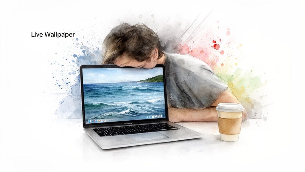 A watercolor illustration of a person sleeping on a laptop displaying an ocean live wallpaper with a coffee cup nearby.