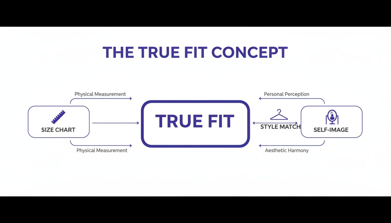 A diagram illustrating the True Fit Concept, connecting size charts, self-image, and style match.