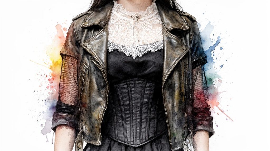 A watercolor illustration of a person wearing a gothic-style outfit with a leather jacket and lace.