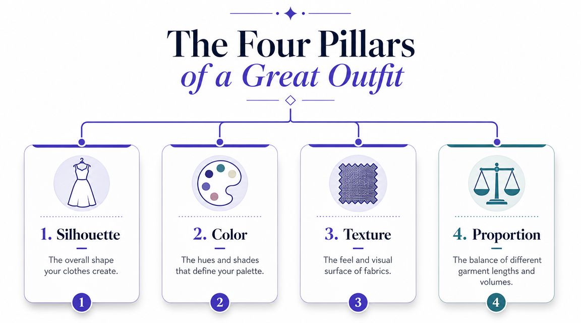 An infographic illustrating the four pillars of a great outfit: silhouette, color, texture, and proportion.