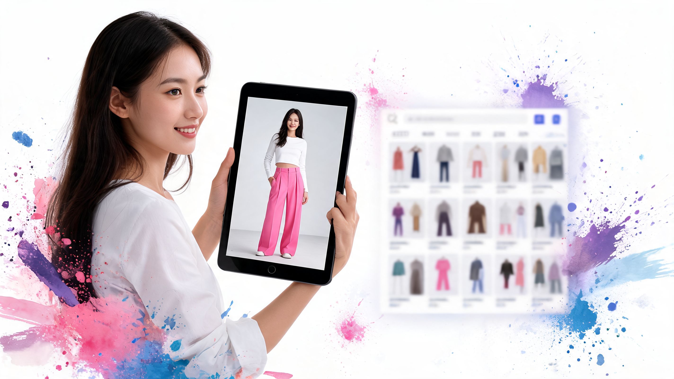 A smiling woman holding a tablet displaying a fashion model wearing a white top and pink trousers.