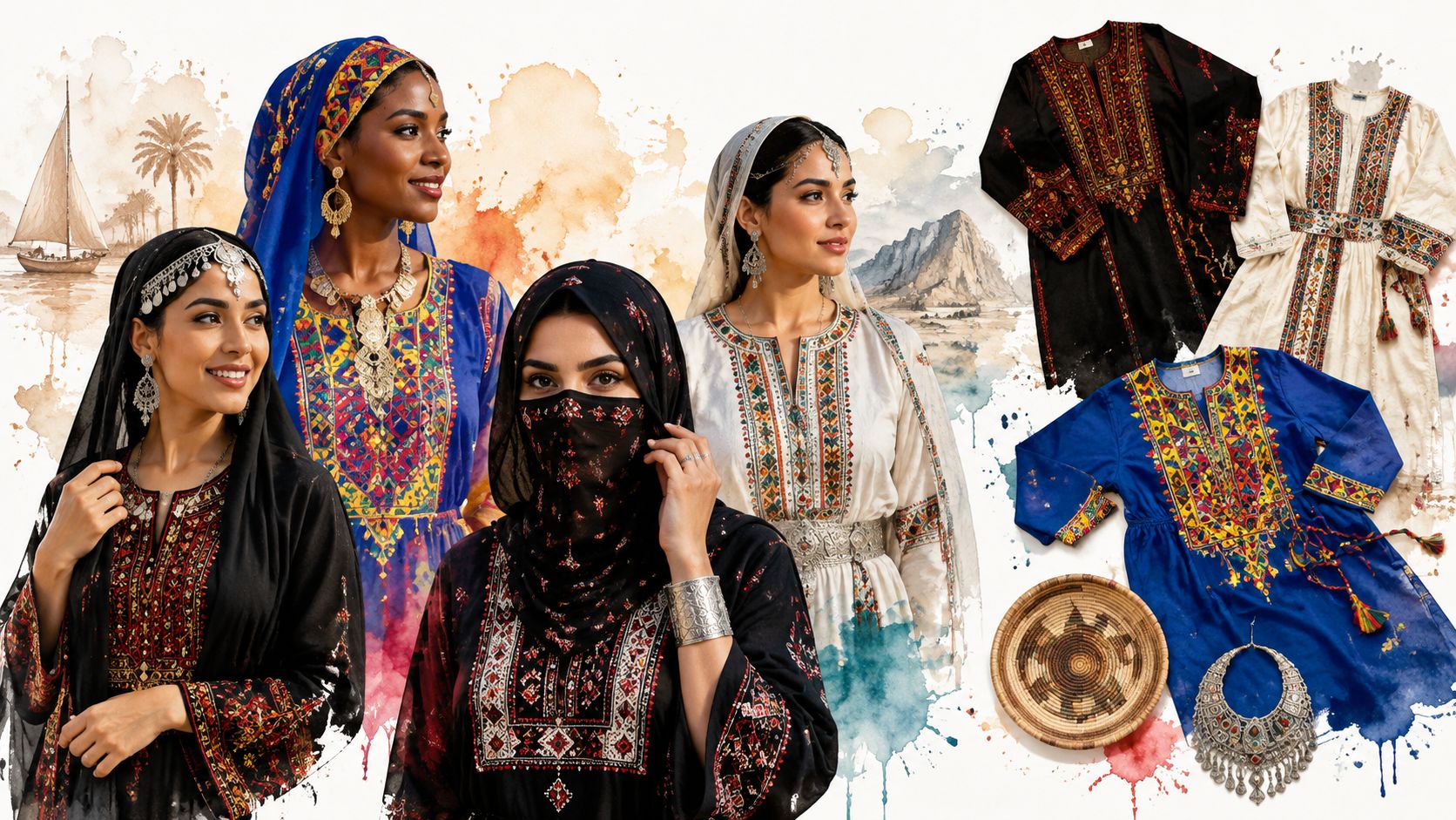A collage showing women wearing traditional Egyptian clothing and dresses alongside ornate jewelry and patterned fabric designs.