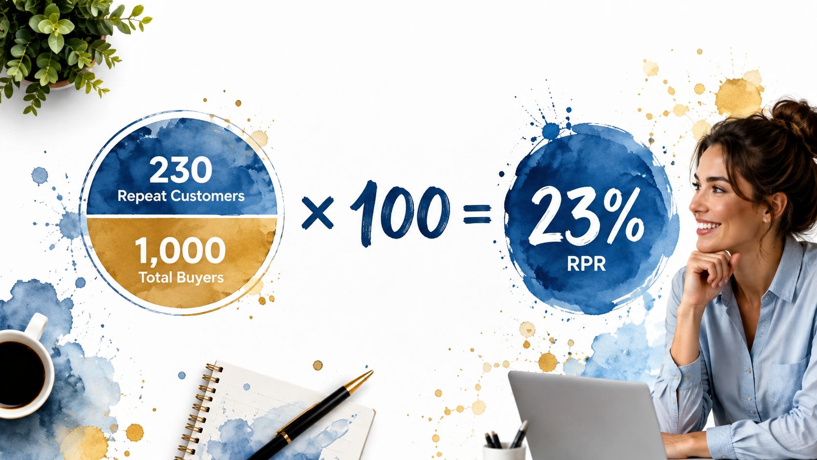 A woman smiling at an infographic explaining how to calculate repeat purchase rate using a formula.