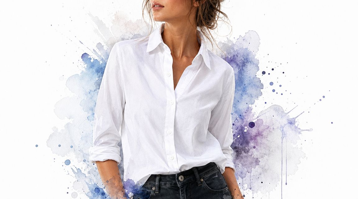 A woman wearing a crisp white button-down shirt against a soft purple and blue watercolor background.
