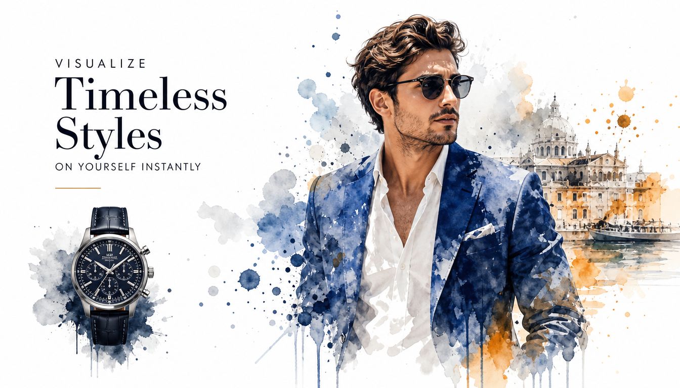 A stylish man in a suit wearing sunglasses, presented with a wristwatch, digital overlay, and watercolor-style background.