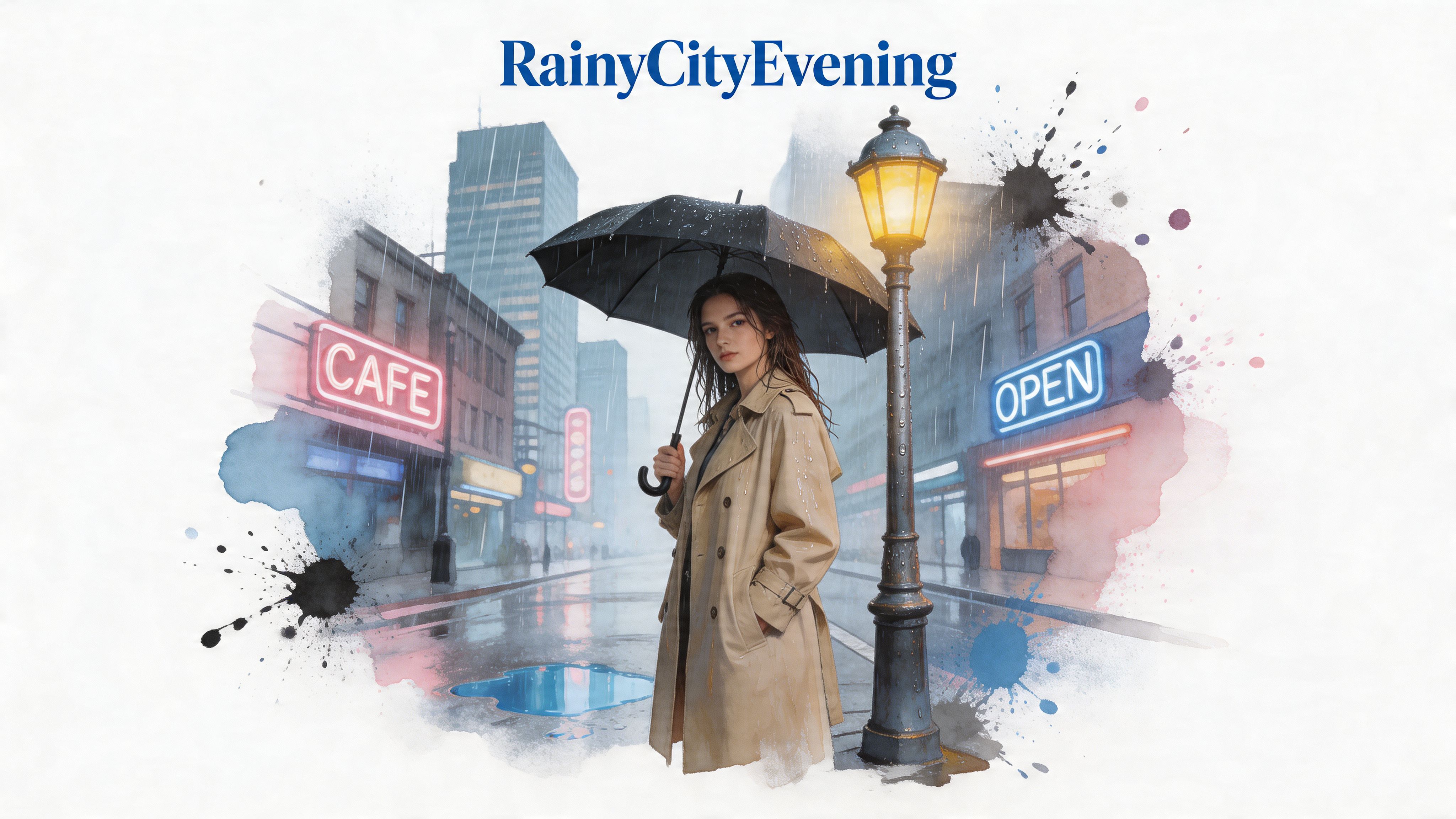 A woman in a beige trench coat holds a black umbrella on a rainy city street at night.