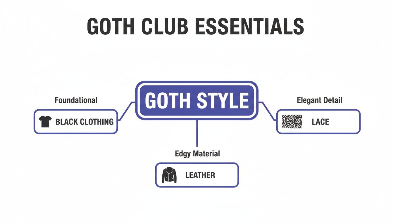 A diagram illustrating goth style essentials, including black clothing, lace, and leather materials.
