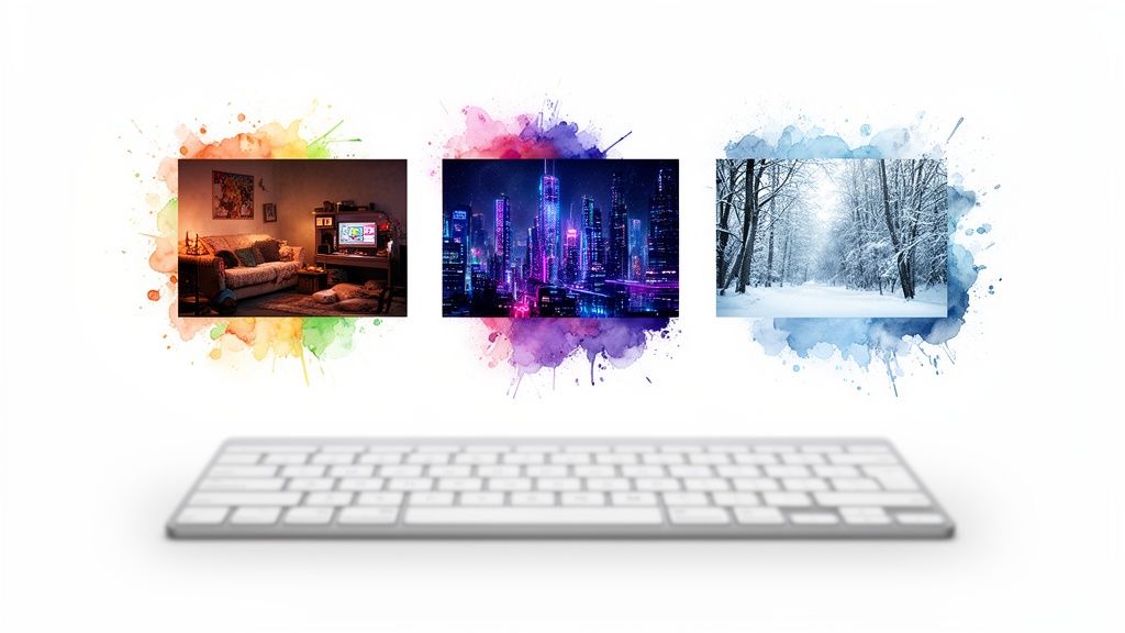 A keyboard sits below three distinct visual themes: a cozy room, a neon city, and a snowy forest.